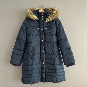 DKNY Donna Karan NY Women’s Long Down Puffer Coat Faux Fur Trim Hood Navy Blue L
